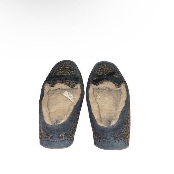 UGG Rylee Blue Suede Metallic Shearling Bow Slippers Moccasin - Picture 6 of 11